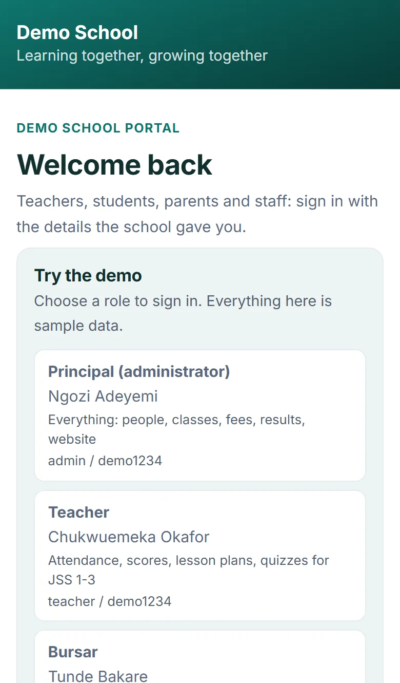 The sign-in page on a phone, with one-tap demo logins