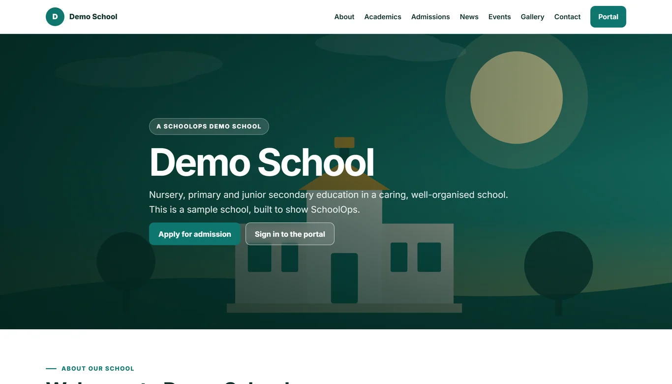 A school website made with SchoolOps: hero banner, welcome text and academics